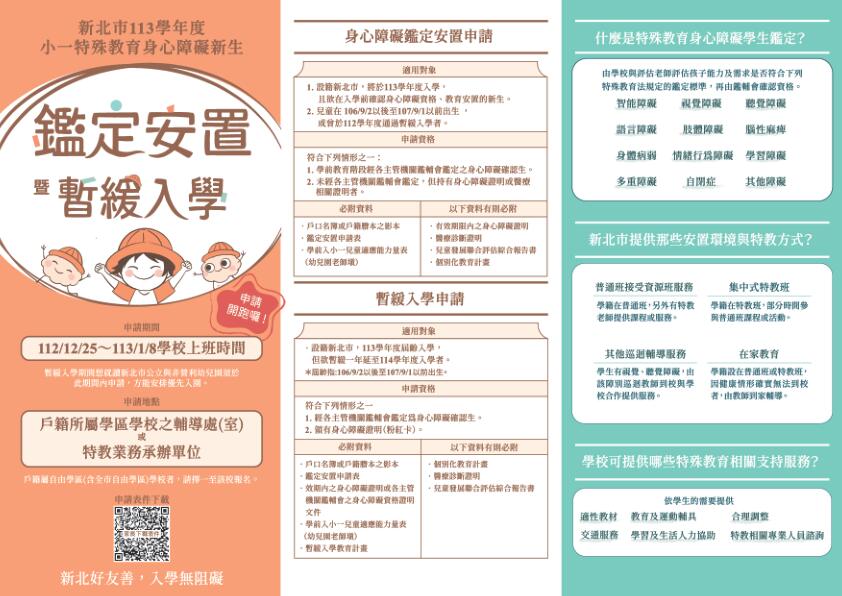 新北市113學年度小一特殊教育身心障礙新生鑑定安置暨暫緩入學
